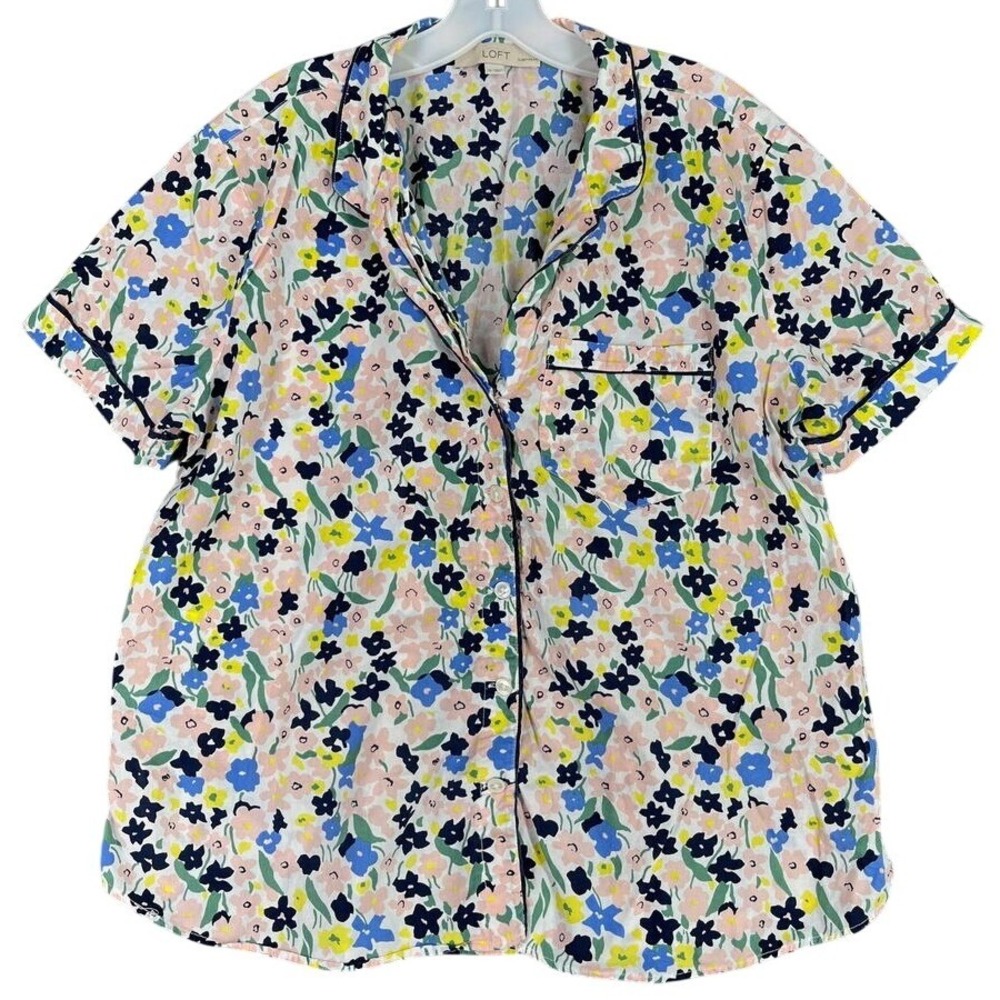 Ann Taylor Loft Floral Pajama Top Short Sleeve Button Up Sleepwear XL Womens